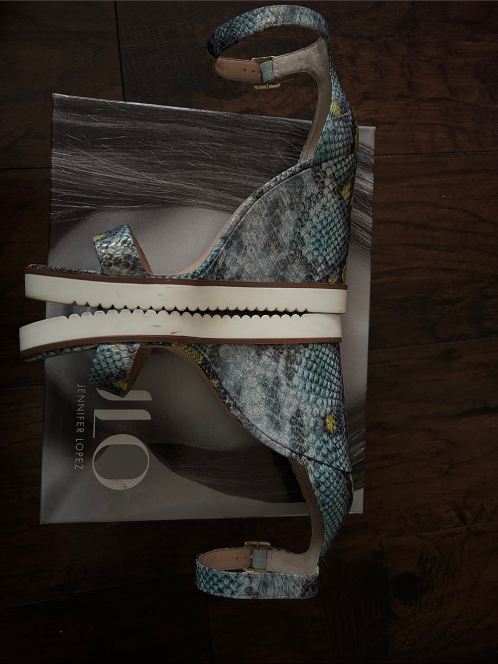 Jennifer Lopez Yellow & Blue Snake-Print Ankle Strap Sandals - Picture 3 of 7